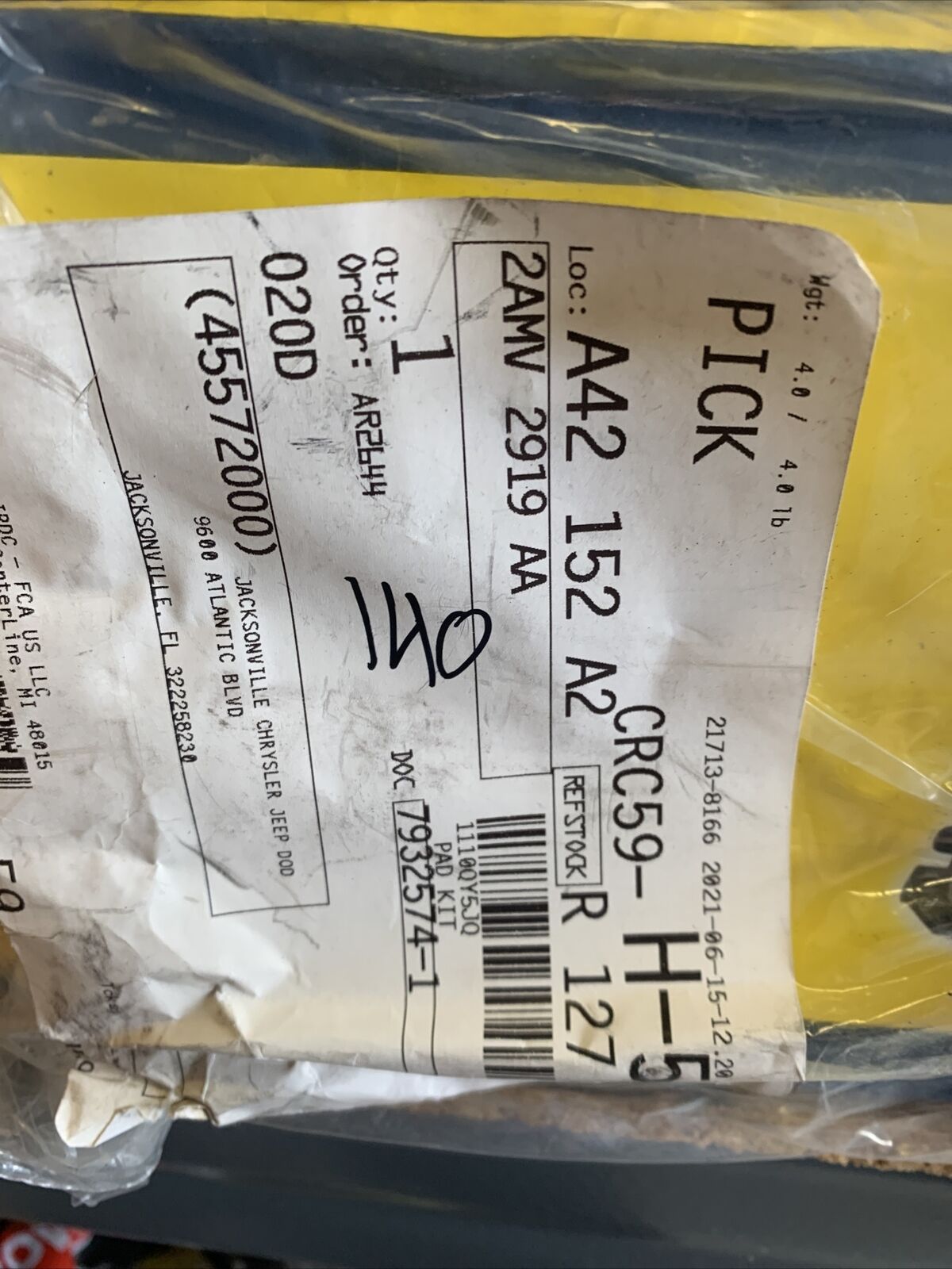 New OEM Mopar Rear Disc Brake Pad Set 2AMV2919AA