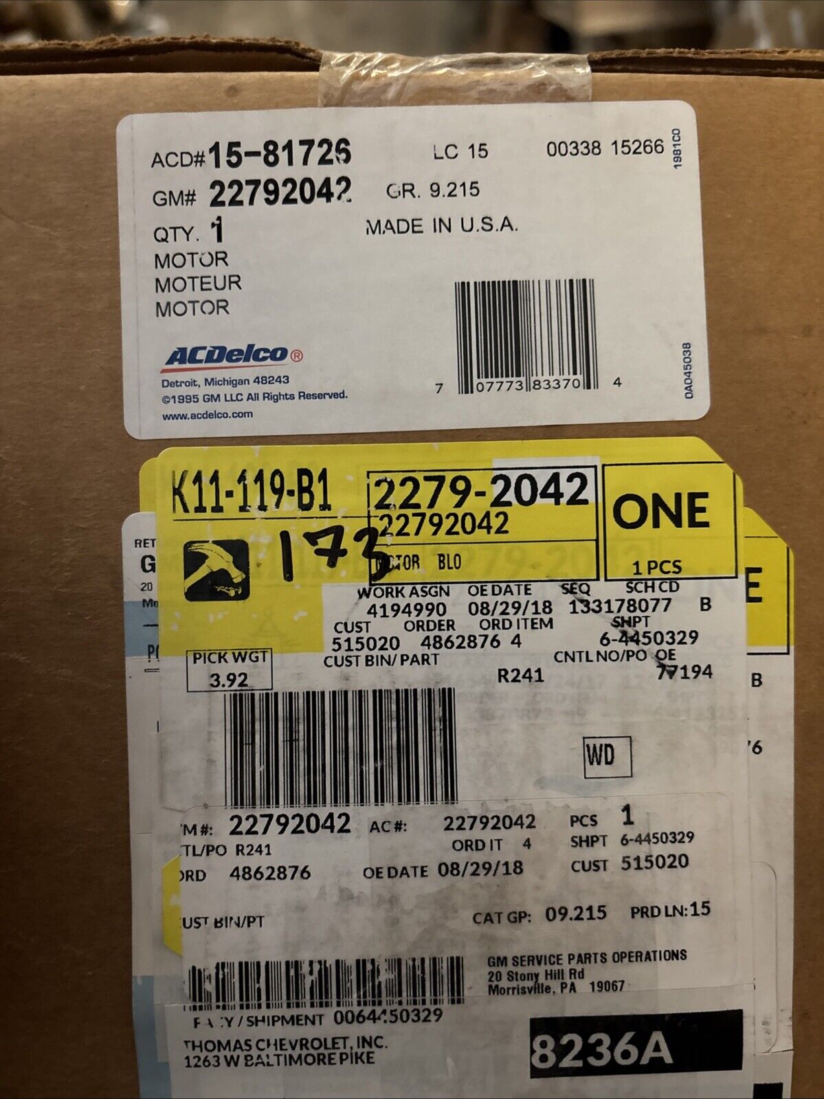 Genuine OEM GM Chevy Impala Blower Motor 22792042 Acdelco 15-81726