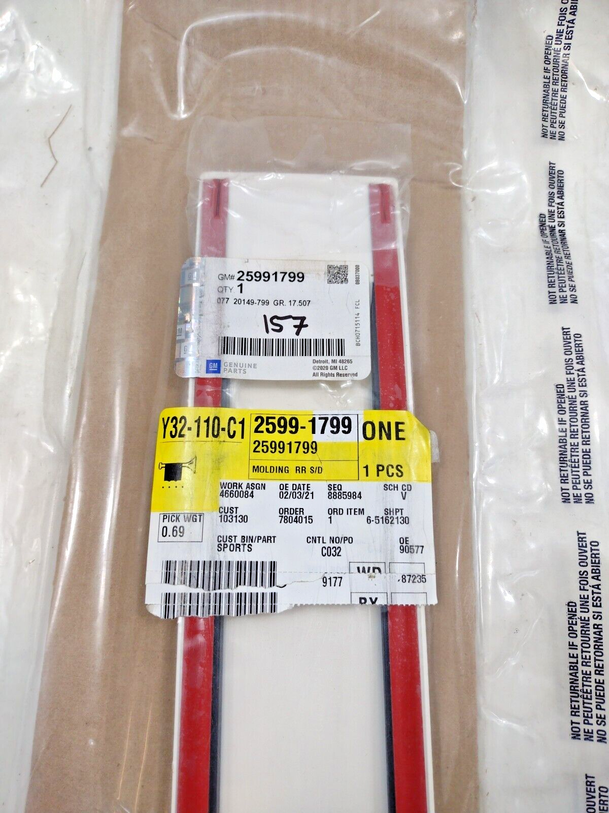 Genuine OEM GM Rear Right Passenger Side Door Trim Molding 2007-2009 25991799