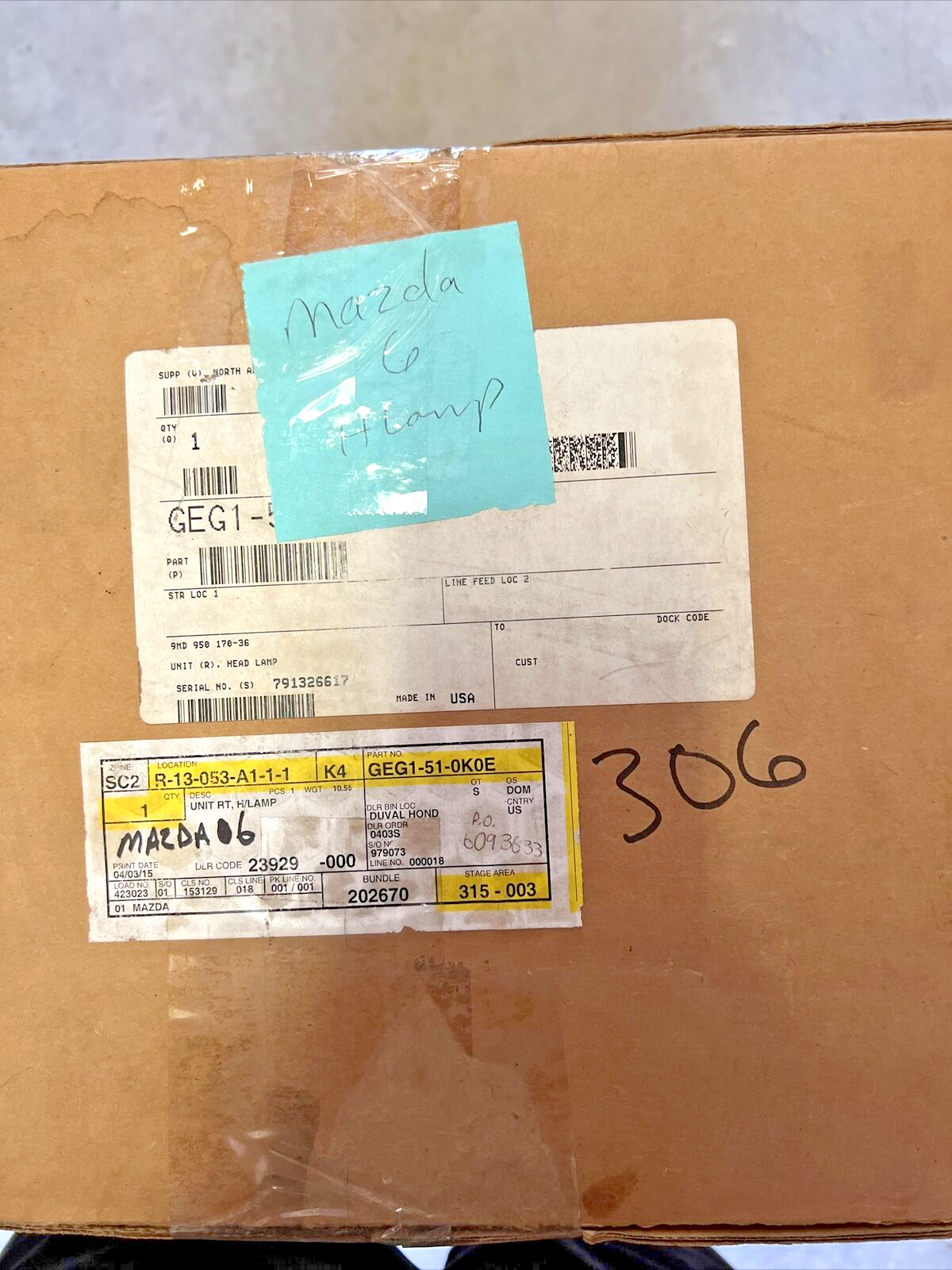 New OEM Genuine Mazda 6 Sedan Right Side Headlight Lamp GEG1-51-0k0E