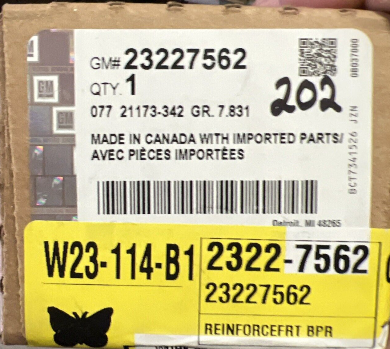 New OEM Genuine GM 2018-2022 Right Passenger Side Bumper Reinforcement 23227562