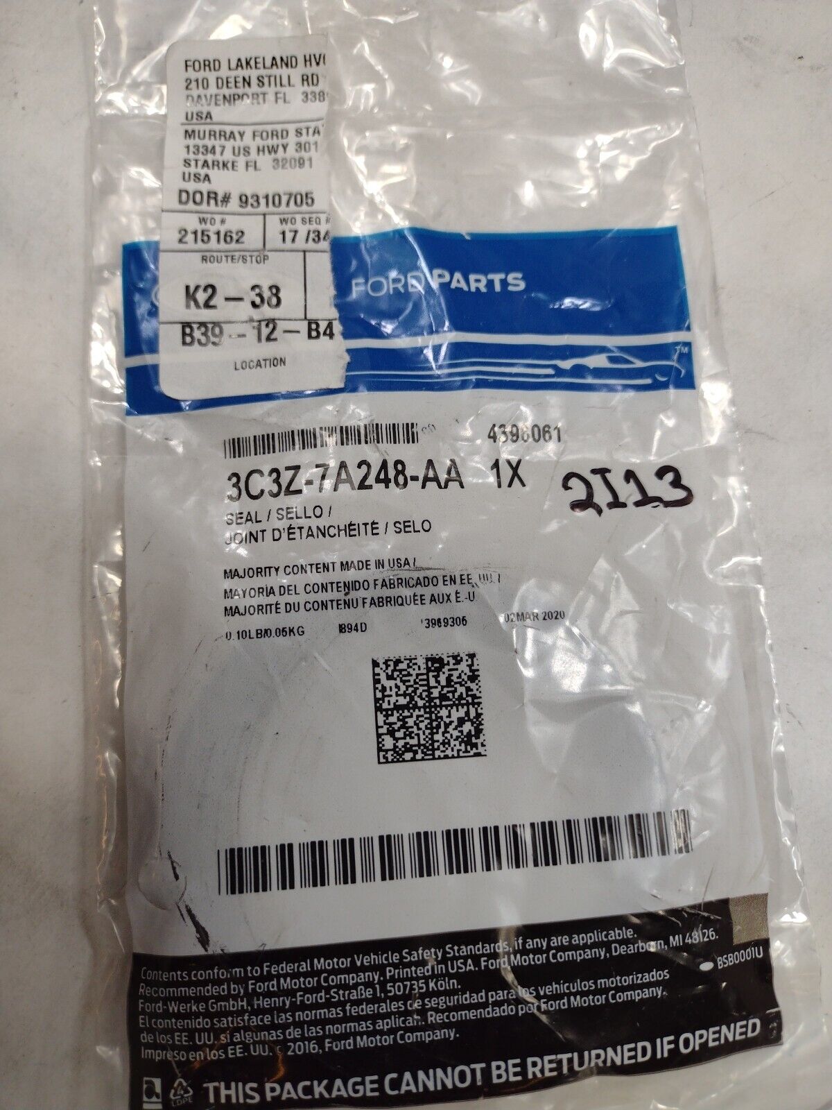 NEW Genuine OEM Ford Seal 3C3Z-7A248-AA