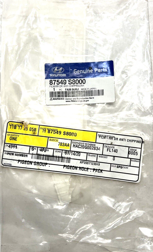 New OEM Genuine Hyundai  Rear Door Exterior Trim Stone Guard 87549S8000