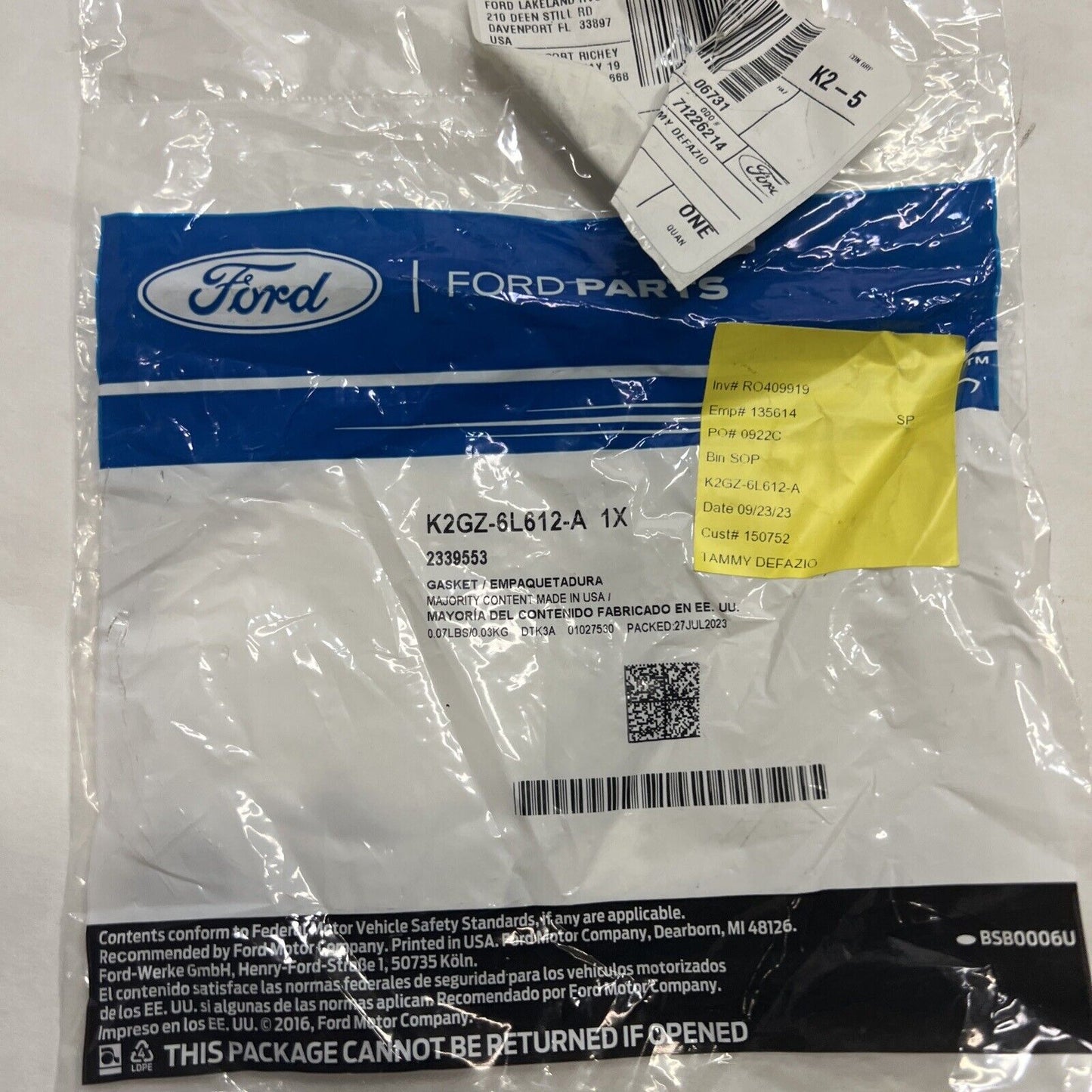 New OEM Genuine Ford Edge 2019-2023 Catalytic Converter Gasket K2GZ6L612A