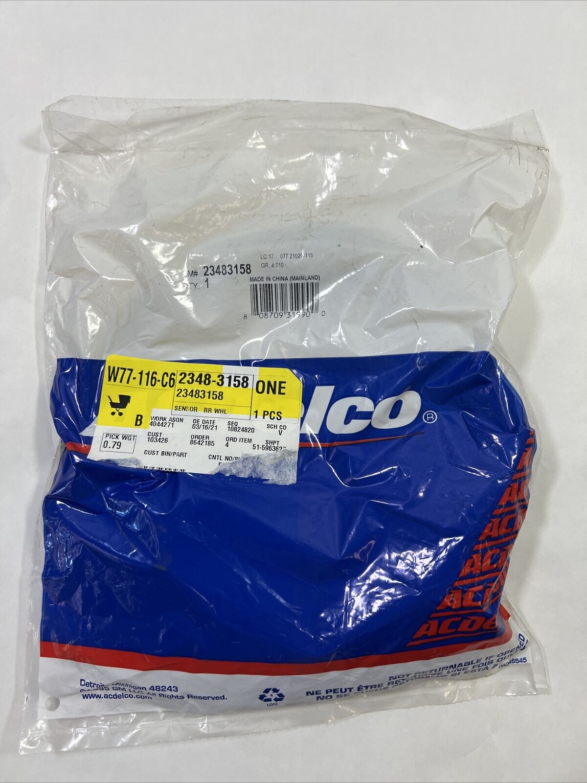 Genuine OEM GM ACDelco Rear Right Passenger Side Wheel Speed Sensor 23483158