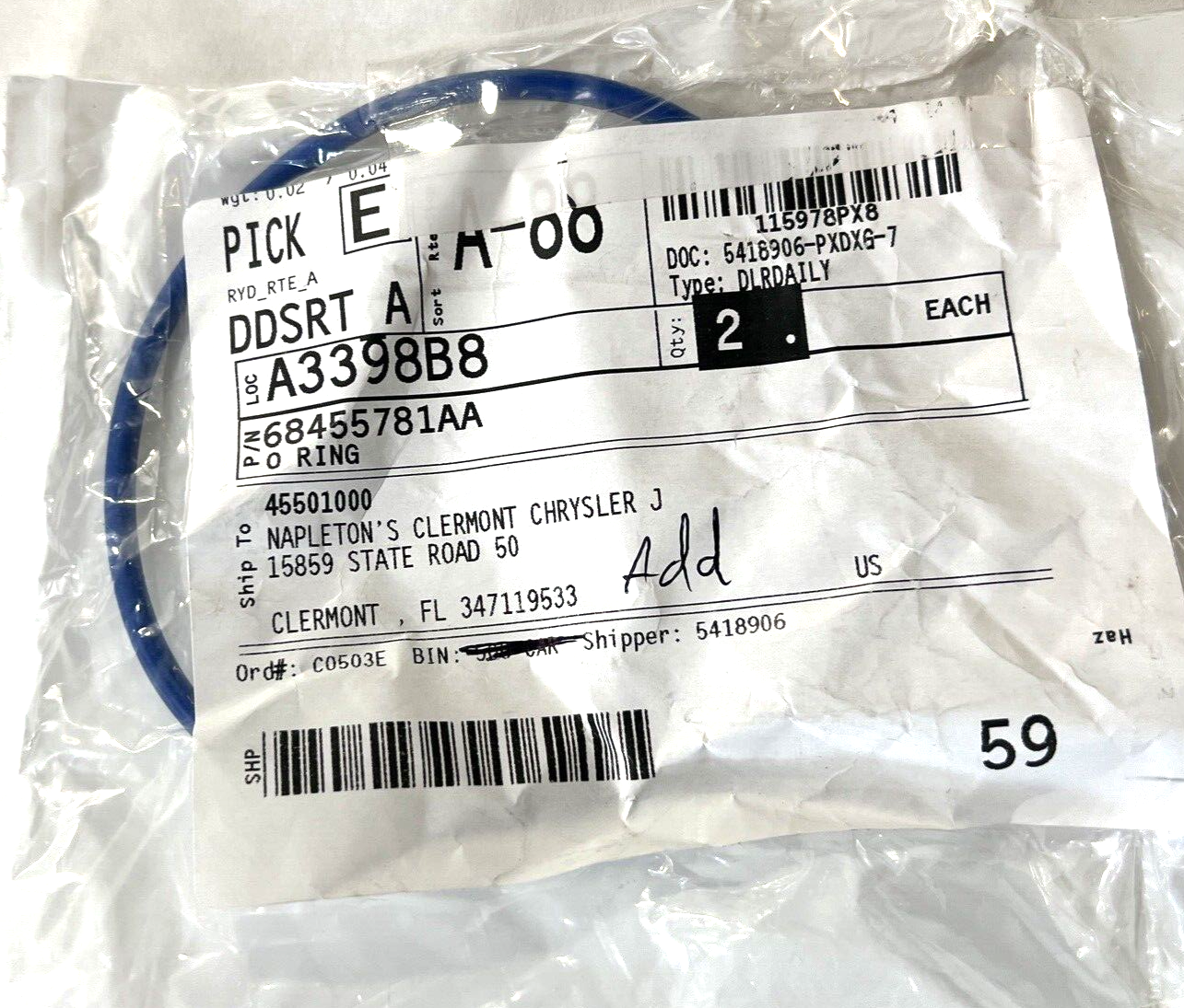 Genuine OEM Mopar Axle Hub O-Ring 68455781AA