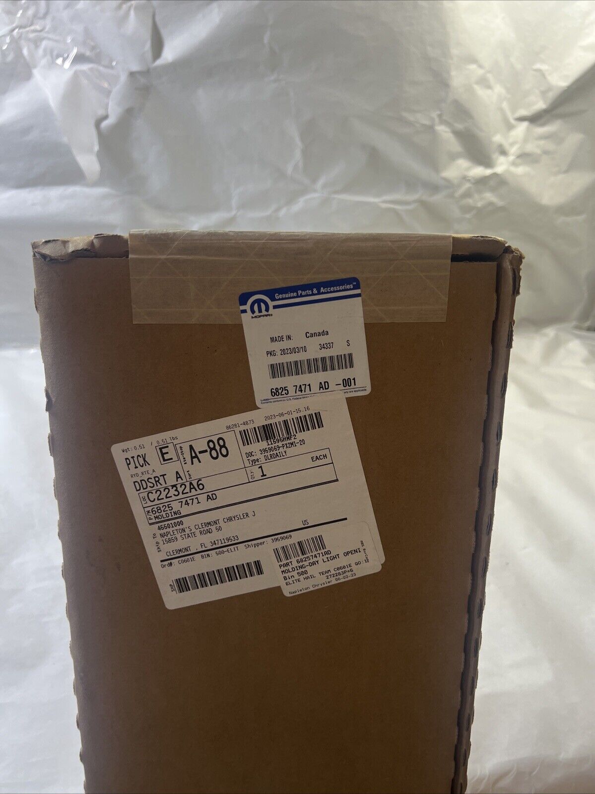 Genuine OEM Mopar Front Left Driver Side Day Light Opening Molding 68257471AD