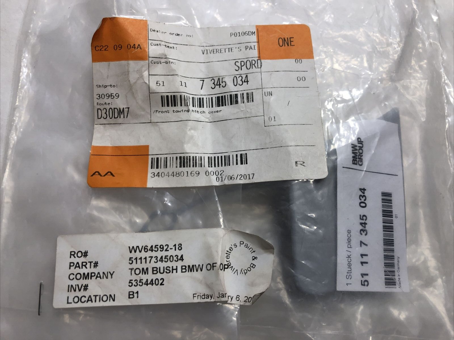 New OEM 51117345034 Front Bumper Tow Hook Cover BMW X1 E84 2012-2015 White