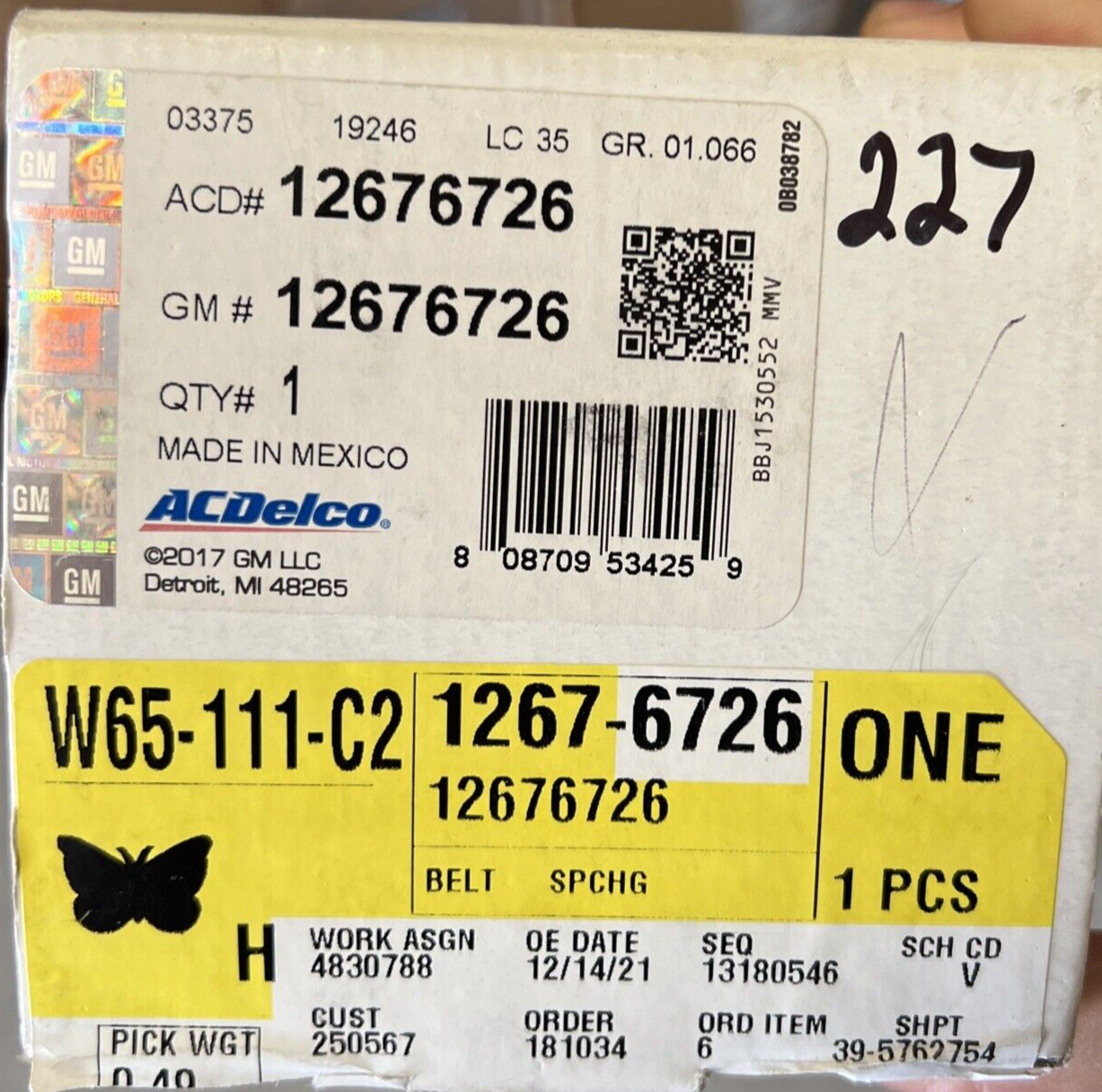 New OEM Genuine GM 6.2L Supercharger Belt 2009-2015 Supercharger Belt 12676726