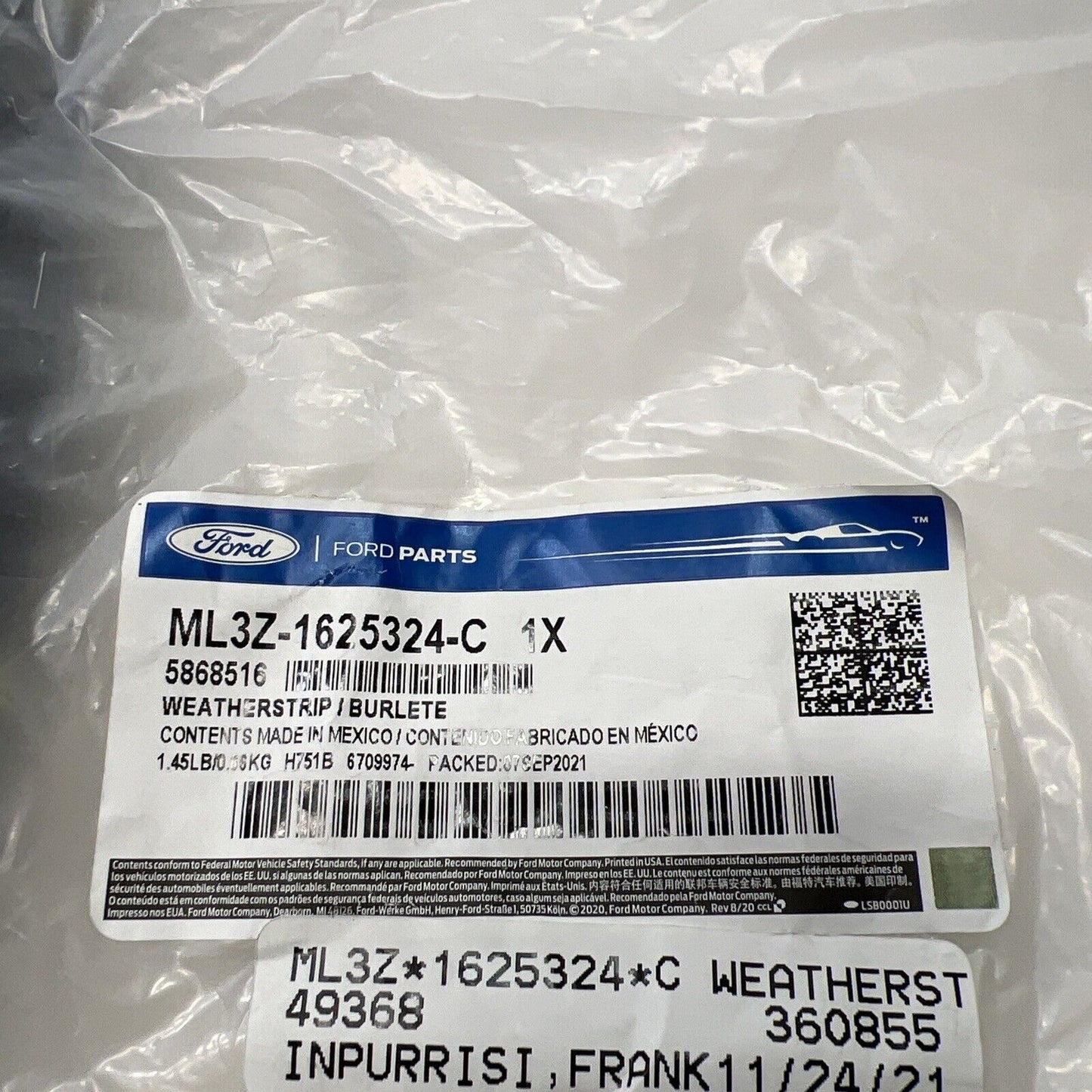 New OEM Genuine Ford F-150 2021-2023 Door Weather Strip ML3Z1625324C